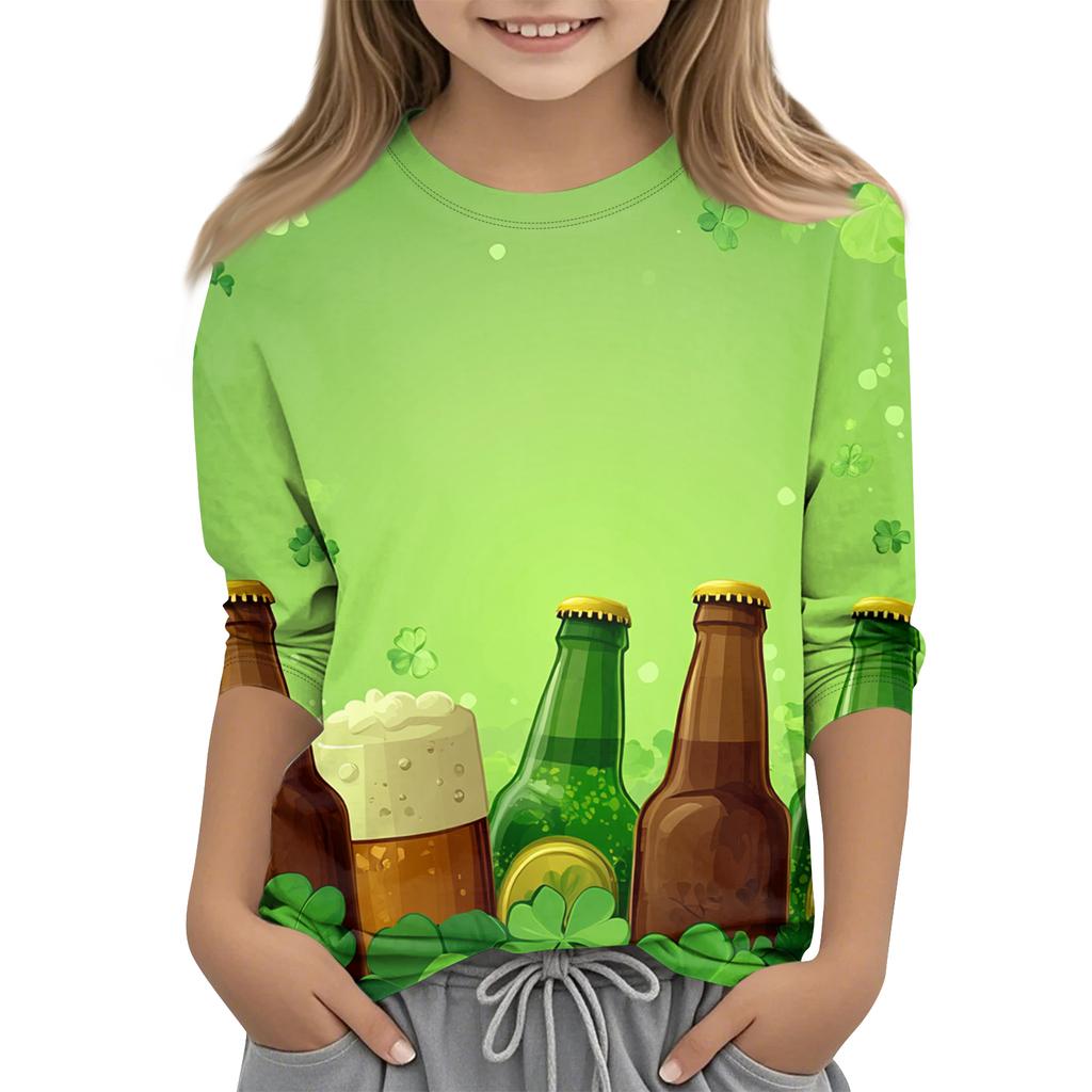 St. Patrick's Day Print Tops For Youth Girls 4-11 Years Round Neck 3/4 Sleeves T-Shirts Trendy Tops Outfit Tees