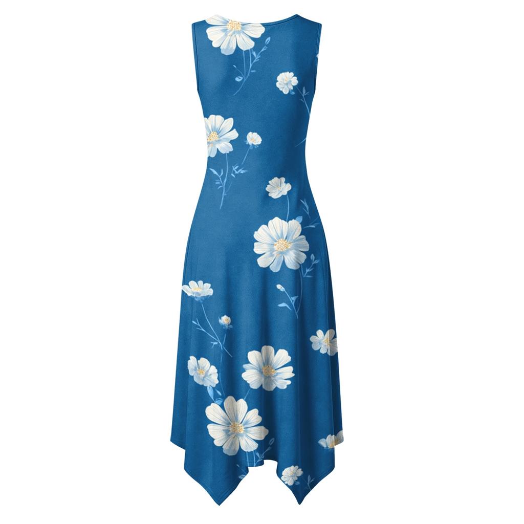Women's Casual Sleeveless Floral Print Dress Mid-Length Round Neck Irregular Hem Summer Beach Dress