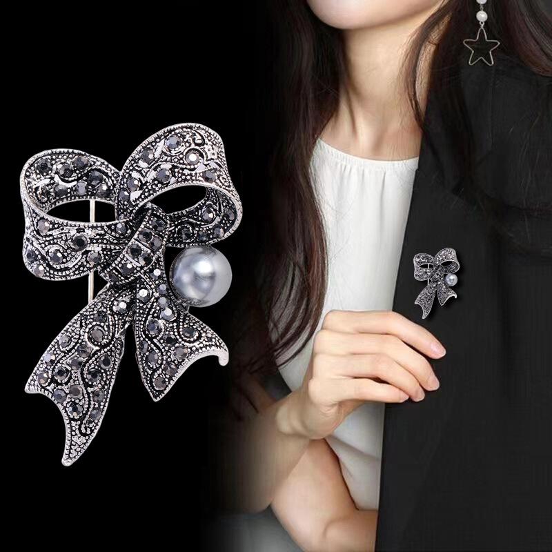 Exquisite Vintage Rhinestone Bow Brooches For Women Clothing Coat Jewelry Accessories Gifts