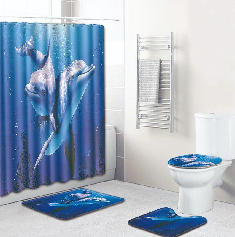 Fashion Sea World Dolphin Shower Curtain Set Bathroom Non-Slip Bath Mat Toilet Lid Cover Polyester Waterproof