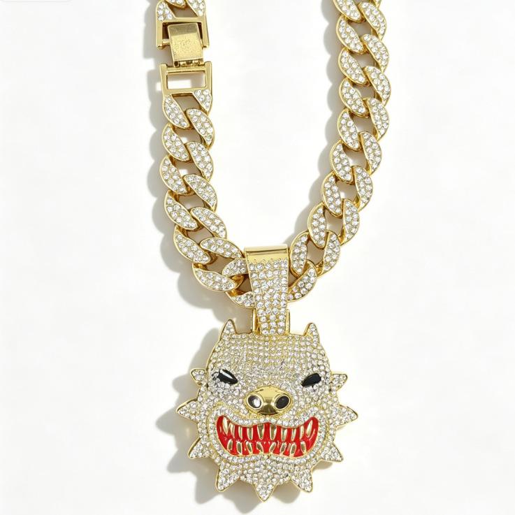 Hip Hop Diamond Pitbull Pendant Cuban Chain Alloy Full Diamond Trend Brand Accessories Personalized Men'S Street Rap Necklace