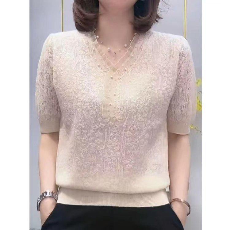 Top da Donna in Jacquard a Maglia con Scollo a V in Pizzo e Maniche Corte in Tencel
