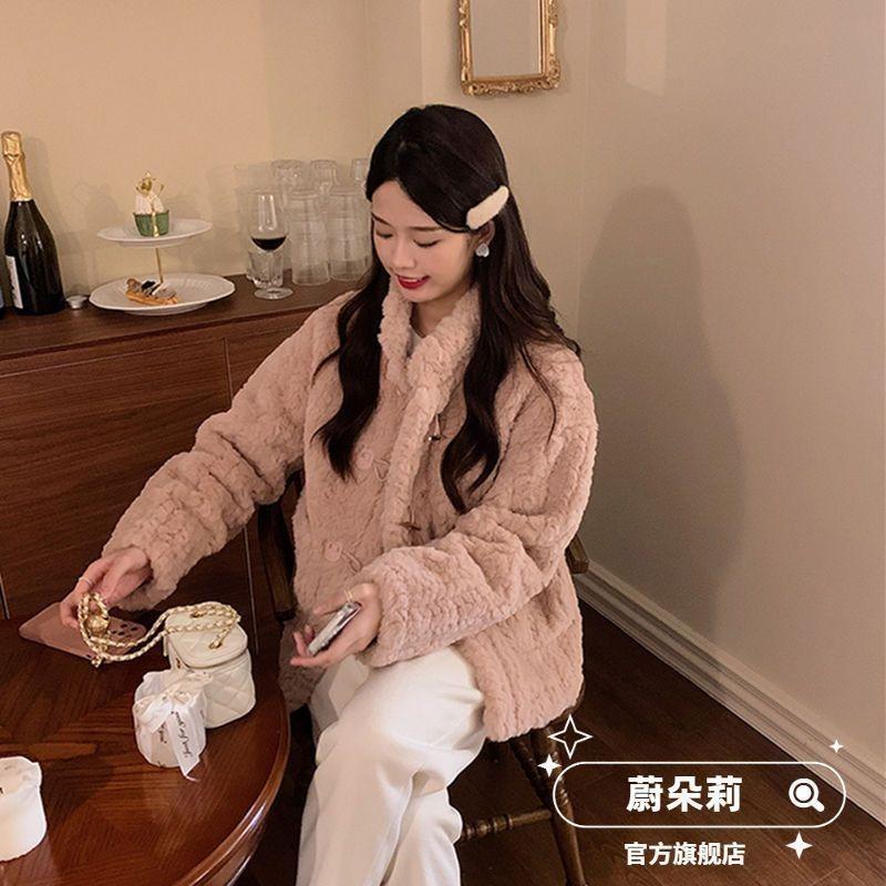 Lamb Wool Imitation Fur Jacket Women's Winter Short Cotton Thickened Loose Wool Plush Horn Buckle Round Neck Light