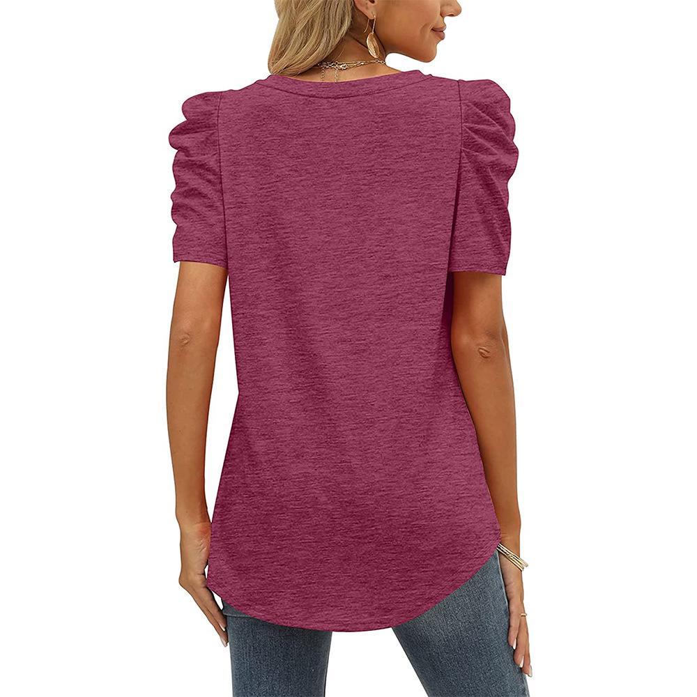 2024 European & American Style Ruched Patchwork V-Neck Short-Sleeve Women's T-Shirt