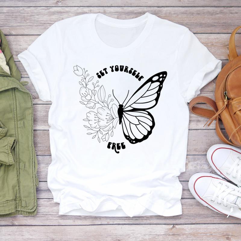 (Asian Size) Printed Women Tee Lady feather style trend Female Clothing T Shirt  Casual Fashion Top Graphic Short Sleeve T-shirts