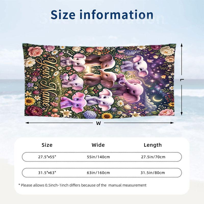Elephant Theme Beach Towel Personalized Custom Name & Text Soft Quick Dry Beach Towel for Swimming Travel