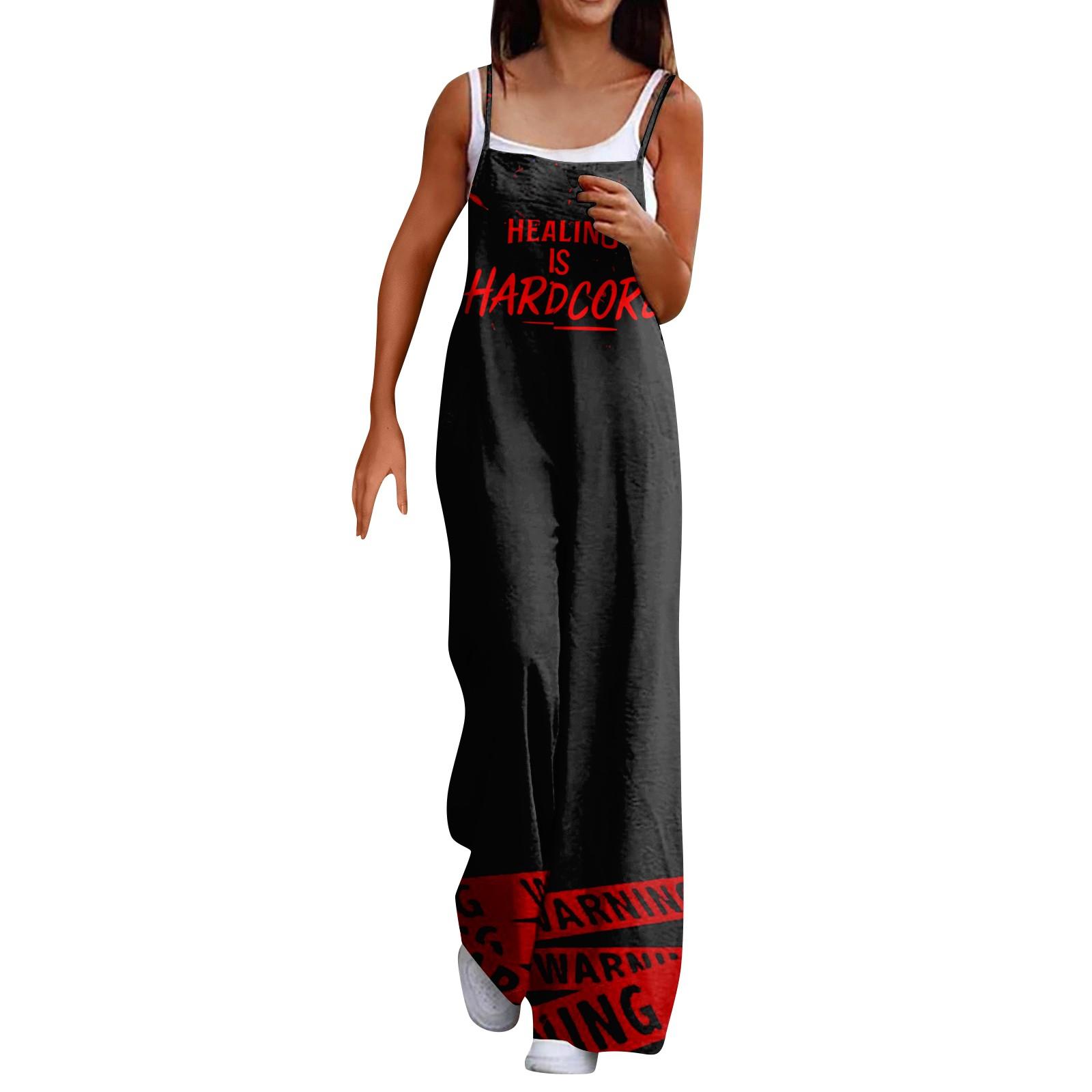 

Широкий комбинезон для женщин, повседневный свободный комбинезон без рукавов с принтом и пуговицами, длинные брюки, комбинезон с карманами M чёрный