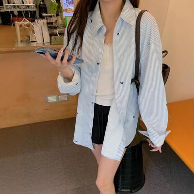 Stile Coreano Primavera e Autunno Nuovo Stile Donna Casual Semplice Ampio Stile Pigro Camicia a Maniche Lunghe a Righe Design Top Protezione Solare