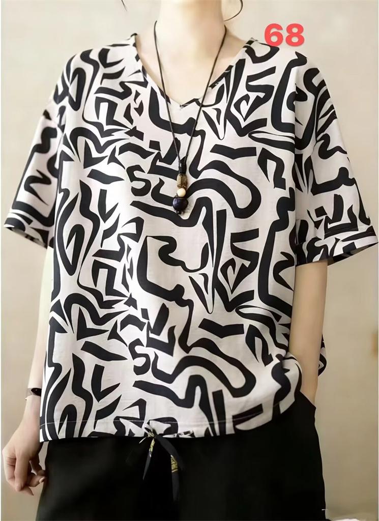 Summer Printed Short-sleeved T-shirt V-neck Cotton and Linen Loose Large-size Women's Top T-shirt Cotton and Linen Shirt