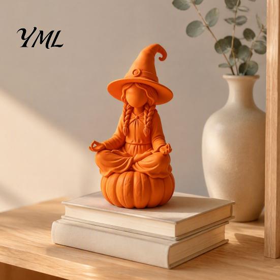 Creative Art Home Accessories 3D Printed Meditating Witch Figurine on Pumpkin Base, Minimalist Base Wizard Statue Halloween Autumn Desktop Statue, DIY