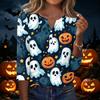 Women Casual Halloween Print V Neck Button Three Quarter Sleeve T Shirt Top Lightweight Comfortable Fit