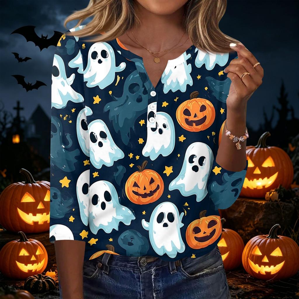Women Casual Halloween Print V Neck Button Three Quarter Sleeve T Shirt Top Lightweight Comfortable Fit