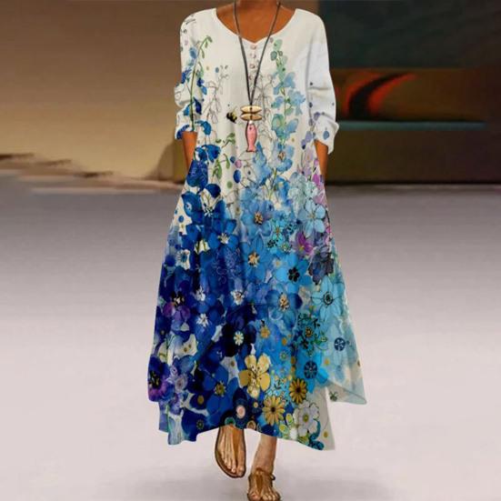 Ethnischer Stil, O-Ausschnitt, halbe Ärmel, Maxikleid, Taschen, knöchellang, A-Linie, Pfauenmuster, unregelmäßiger Saum, Tunika-Kleid, Streetwear