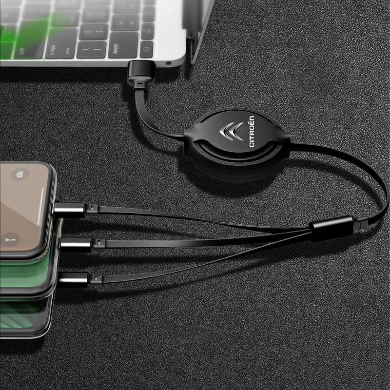 1Pcs 3 in 1 USB Car Charging Cable Retractable Charger Cable For Citroen C1 C2 C3 C4 C5 C6 C8 C4L DS3 DS4 DS5 DS6 Grand Picasso aog123