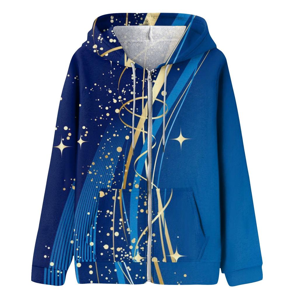 Women's Long Sleeve Printed Sweatshirt Long Sleeve Pocket Jacket Zipper Hoodie Coat