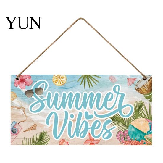 Summer Themed Gifts Wooden Hanging Sign, Beach Theme Welcome Sign Front Door Decor with Rustic Wood Plaque Rope, Colorful Hanger for Seasonal