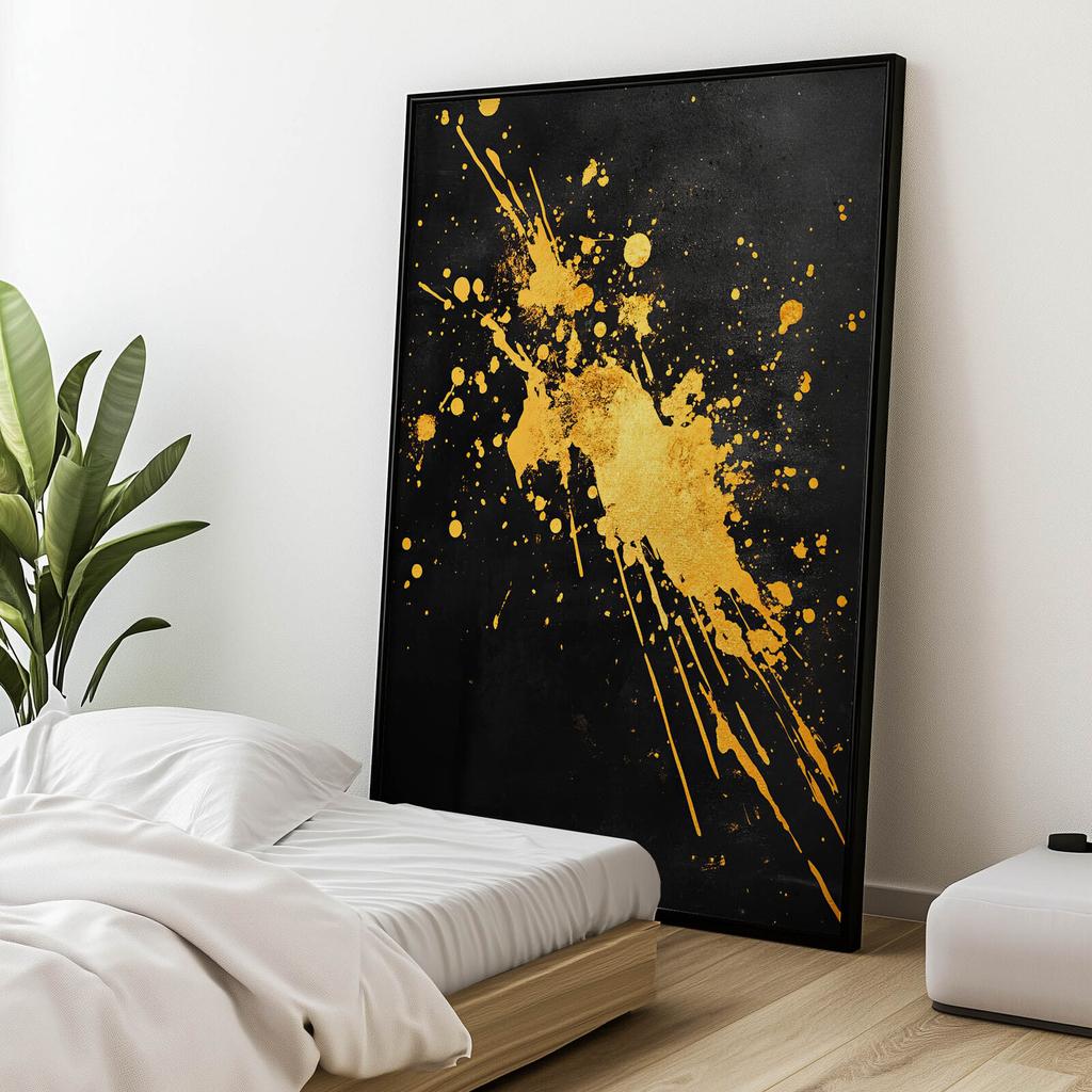 Złote Iskry Na Czarnym Tle Złote Iskry Na Czarnym Tle, 30X40 Cm, Rama Aluminiowa Złota, Papier Matowy 230 Gsm