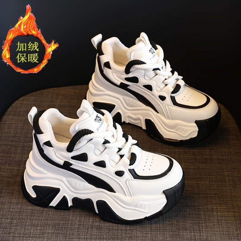 Leather Muffin Platform Dad Shoes Women's Autumn New Round Head Lace-up Inner Height-increasing Women's Shoes Versatile Sports Shoes