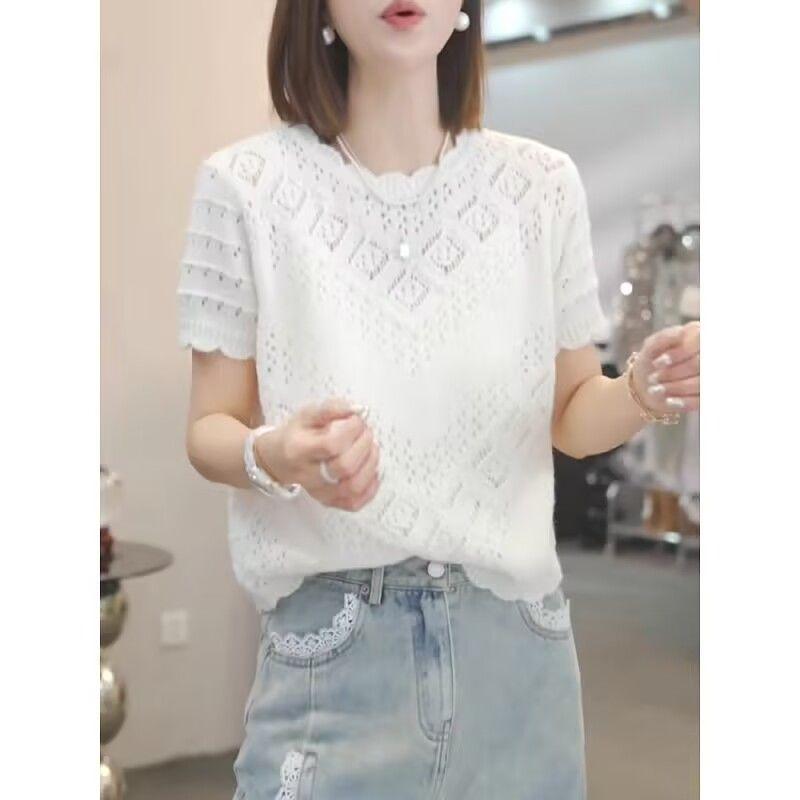 Knitted Sweater Short Sleeved T-shirt for Women Summer Round Neck Thin Loose Top