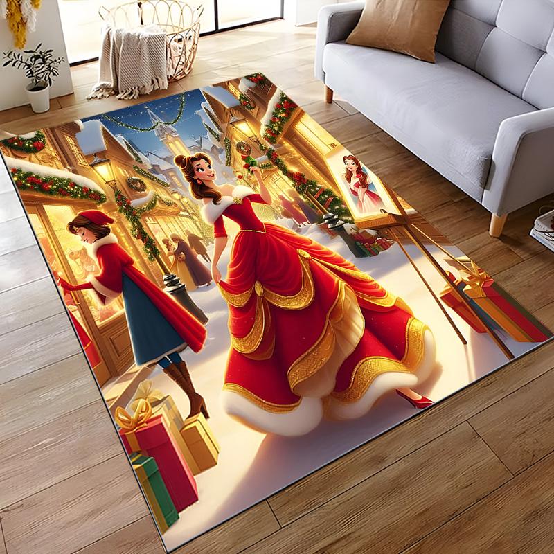 Flannel Rug Belle in Red Christmas Gown in Snowy Village Beauty and the Beast Holiday Cartoon Home Decor Living Room Gift