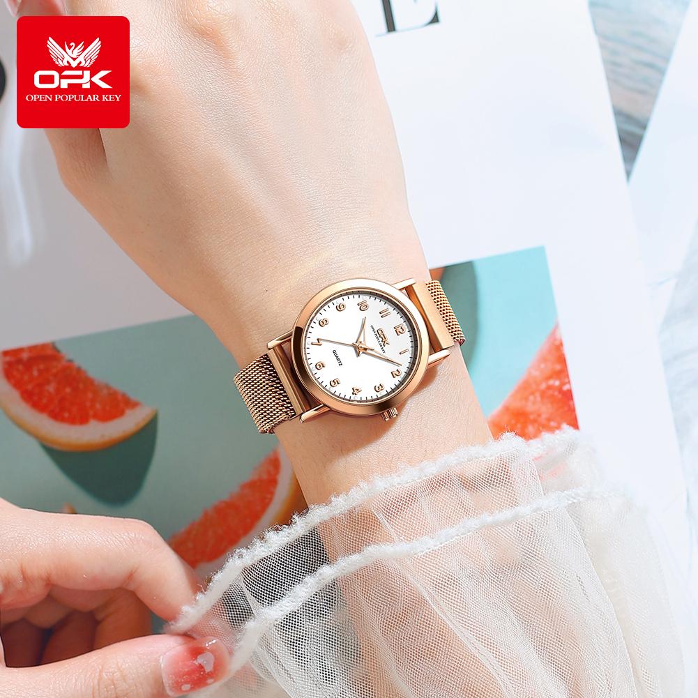 OPK 8115 New Original Quartz Wristwatch for Women Waterproof Mesh Steel Belt Digital Dial Luminous Elegant Simple Ladies Watch