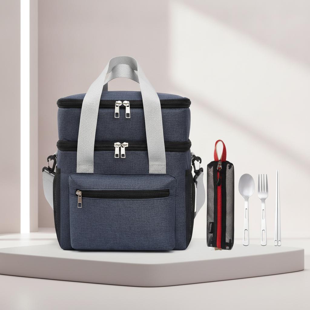 Waterproof Lunch Box Tote Double Layer Cool Bag Shoulder Strap Insulated Women Pack Stainless Steel