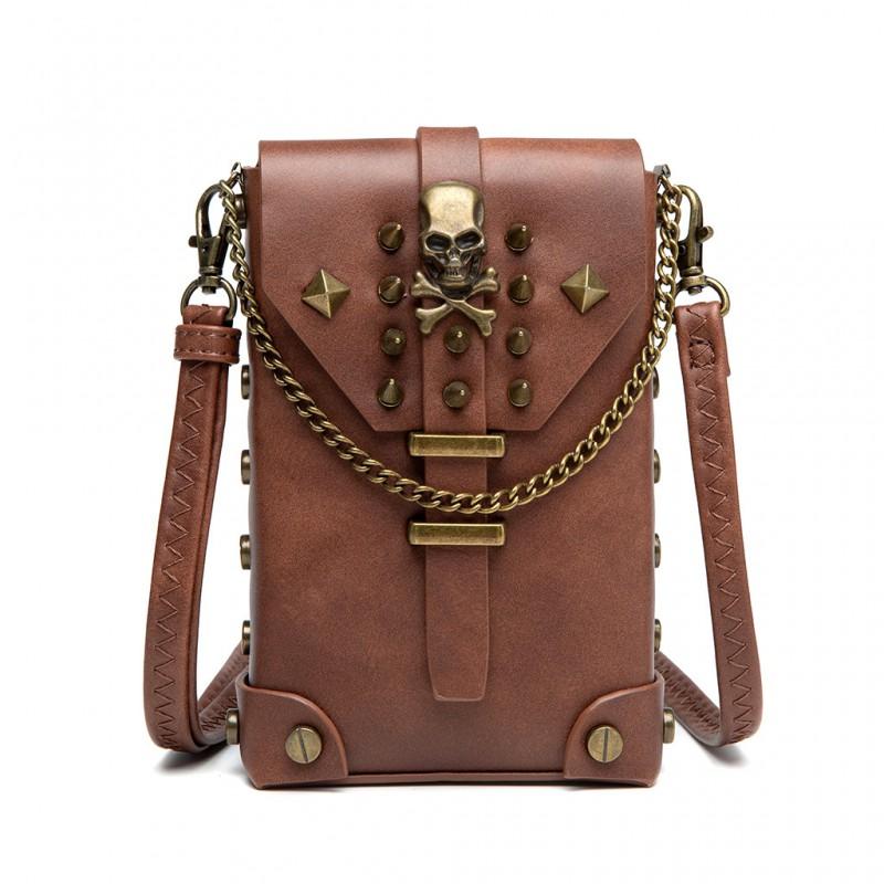 Steampunk Vintage Mini Square Crossbody Bag Women PU Leather Rivet Chain Detail Zip Phone Pocket