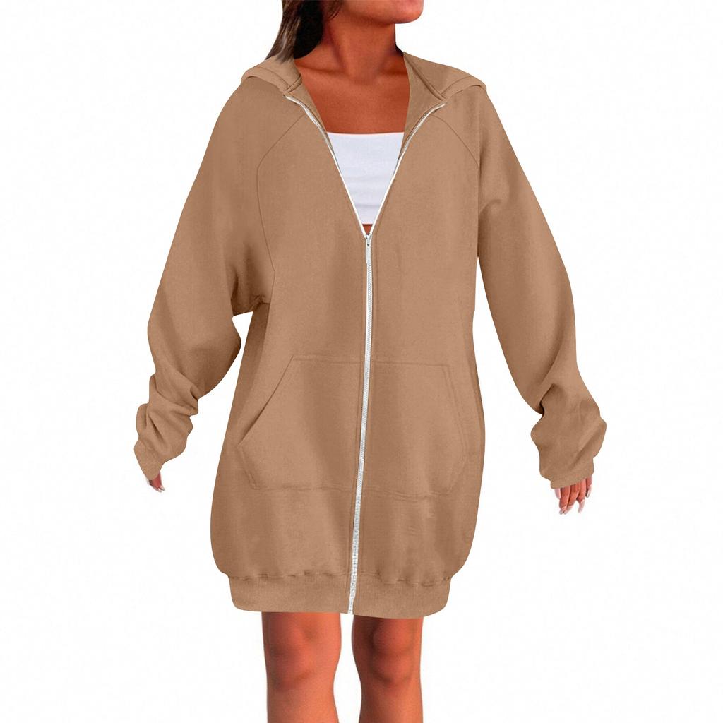 Women's Solid Color Zippered Sweatshirt Top Daily Casual Raglan Long Jacket (Without Hood Drawstring)