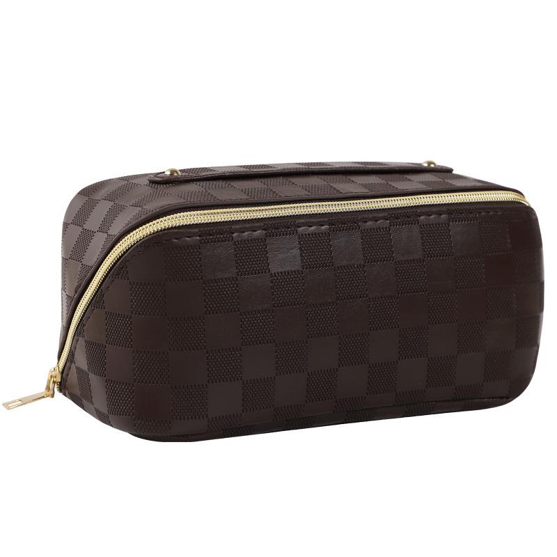 Portable Checkerboard Pu Leather Handheld Travel Large Capacity Cosmetic Toiletry Storage Bag