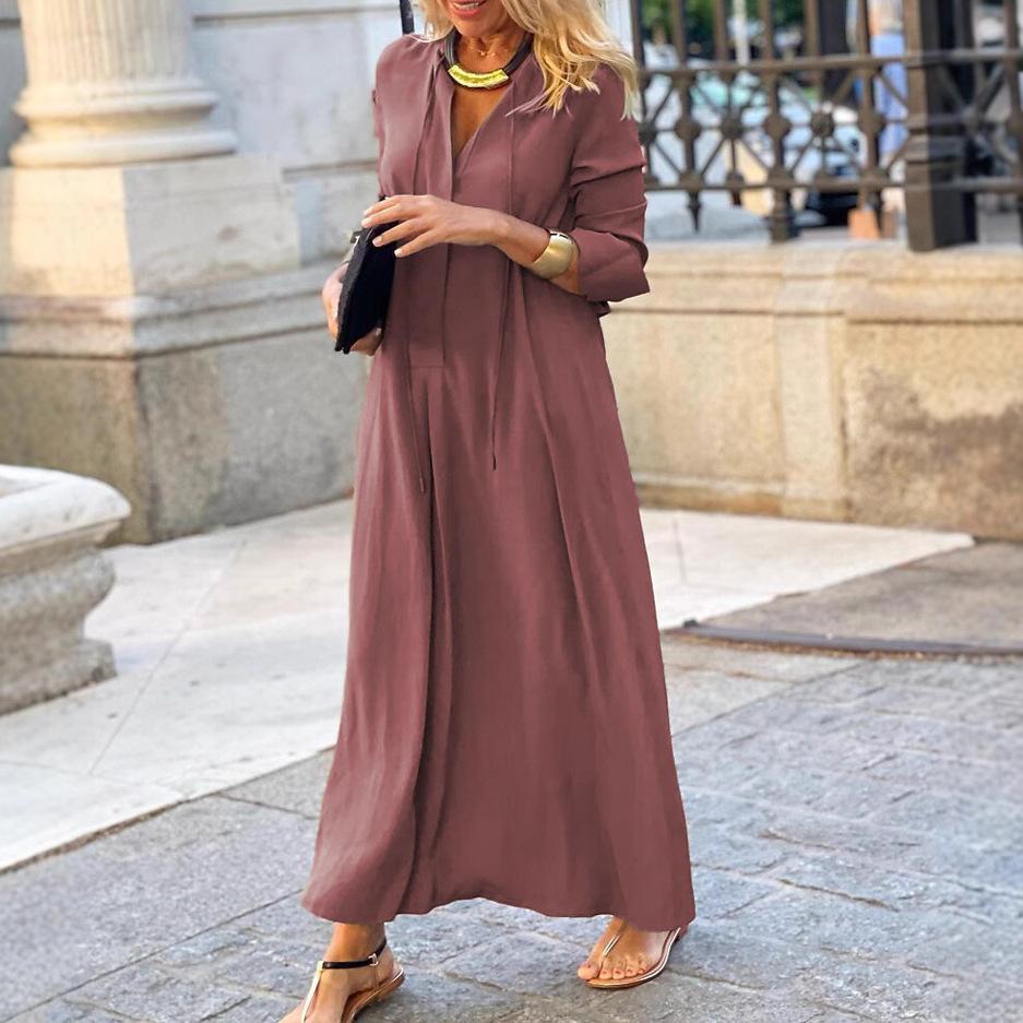 Evropské a americké nové velké áčkové šaty, jednobarevné, s límečkem, dlouhý rukáv, jednoduché, ležérní, dlouhé košilové šaty