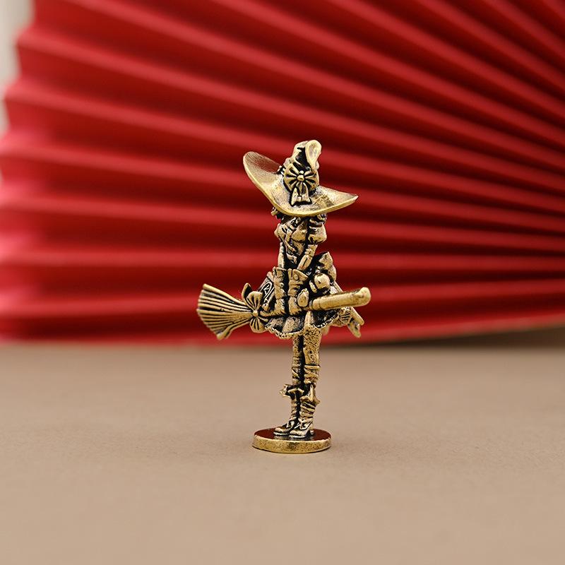 Brass Broom Witch Figurine With Retro Design Durable Material Home Desktop Decor Halloween Ornament