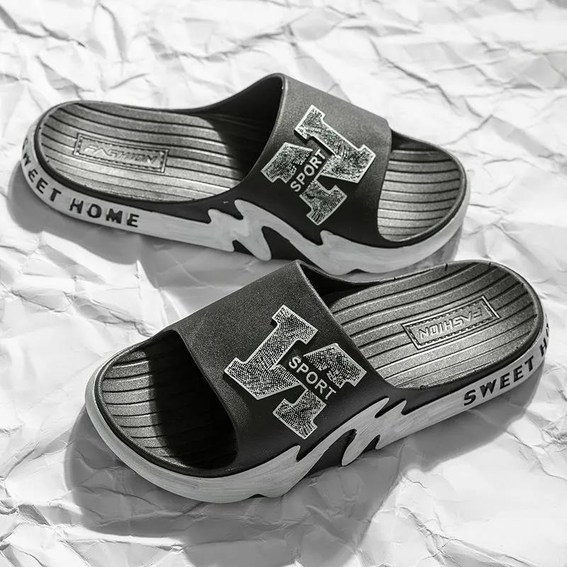 Man's Slippers In Summer Soft Sole Anti-slip Indoor Shower Slippers Versatile Solid Color Casual Print Flat Slippers