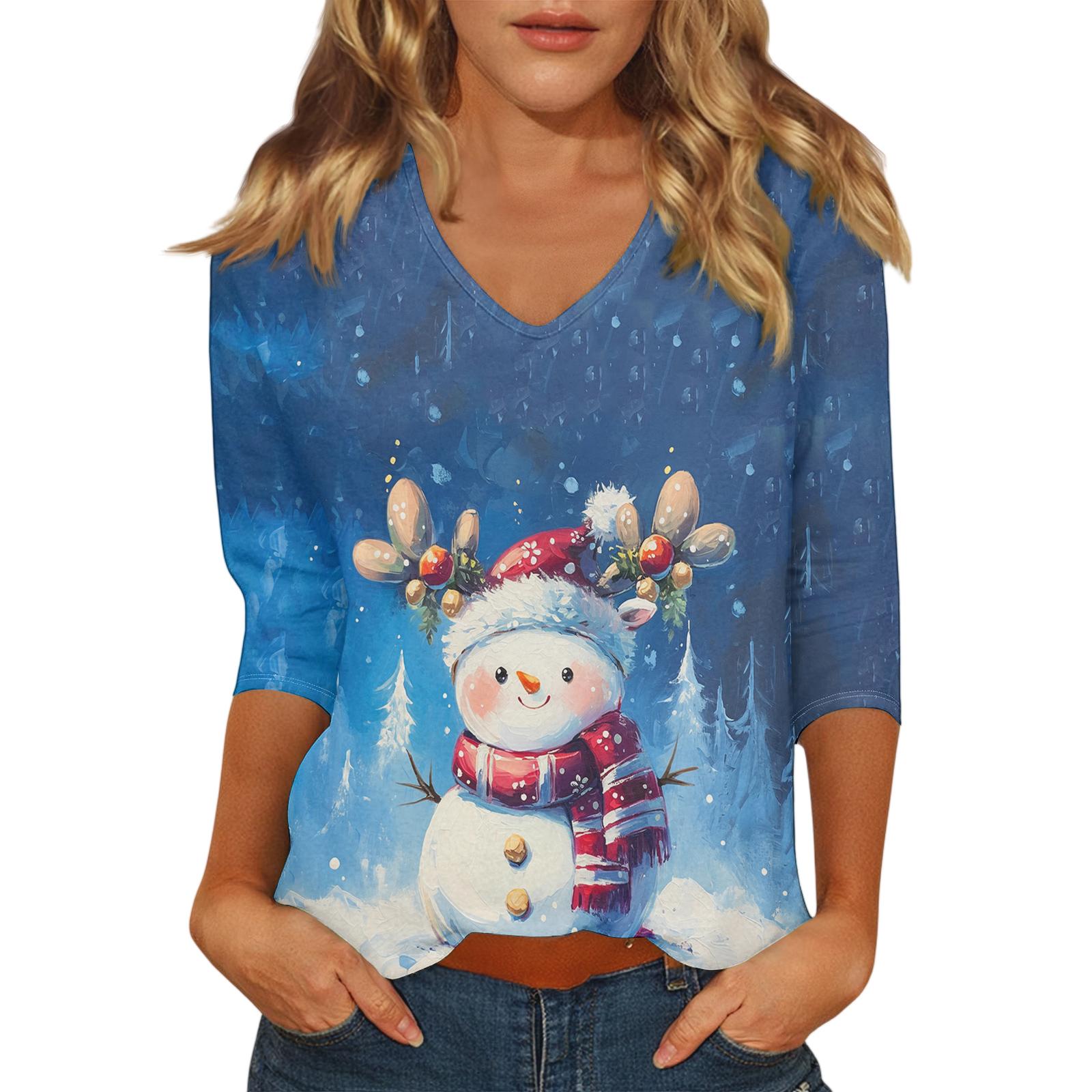 

Ladies Christmas Printed Fashionable Casual Seven Quarter Sleeved V-neck Top M