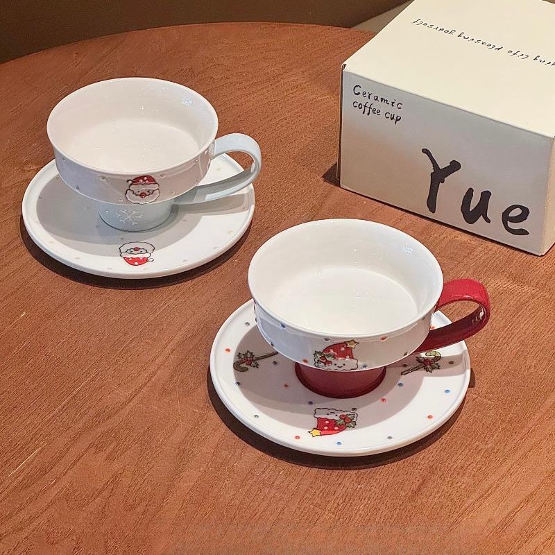 Cartoon Style Ceramic Christmas Coffee Cup and Saucer Set Hand-Painted Household Water Mug Creative Festive Gift for Holiday