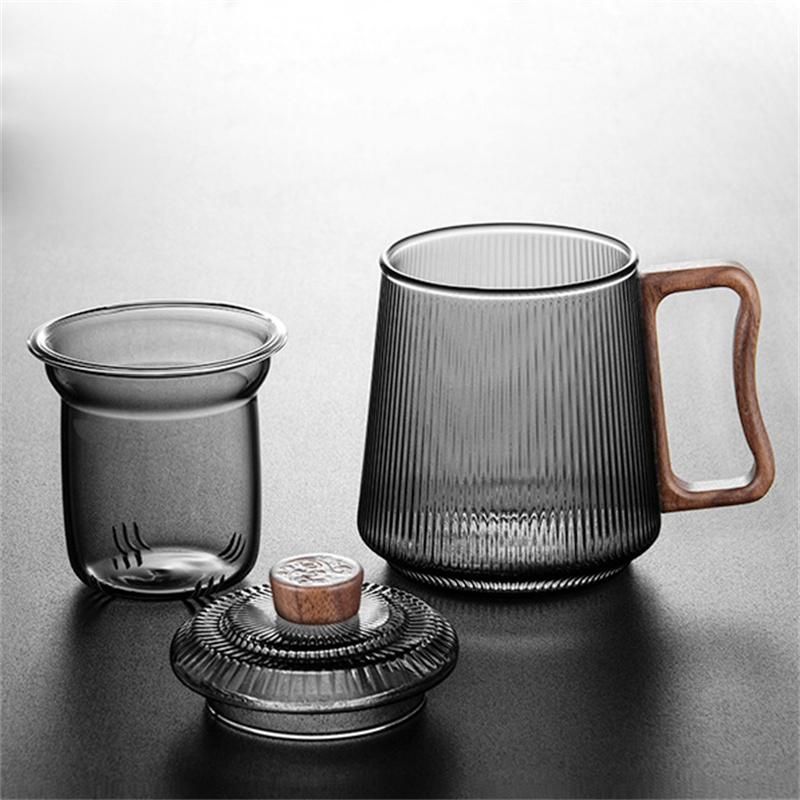 450ml Wooden Handle Vertical Stripe Heat-resistant Glass Tea Cup With Tea Infuser Filter Flower Tea Water Separation Tea Mug