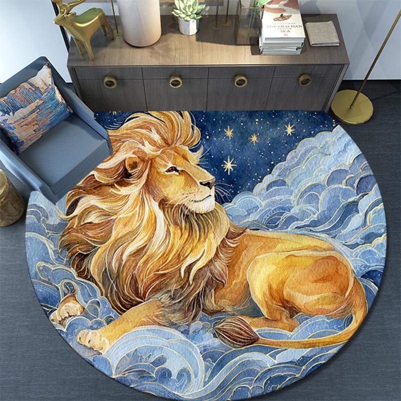 Lion Waves Stars Round Area Rug,Carpet Rug for Living Room Bedroom Sofa Playroom Decor,Non-slip Floor Mat