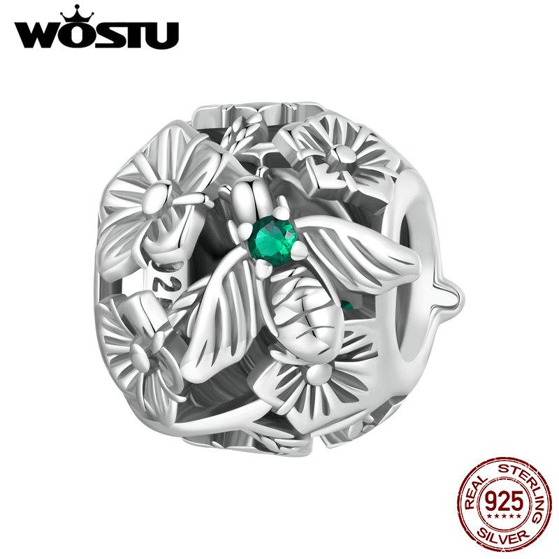 WOSTU 925 Sterlingsølv Lucky Firkløver Ladybug Charms Bee Beads Passer originalt armbånd DIY