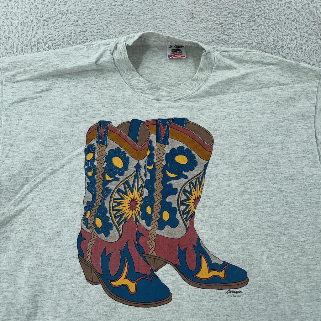 Vintage Colorful Cowboy Boots T-Shirt Large Gray Cowgirl Western Art USA Tee 90s