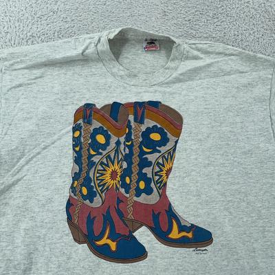 Vintage Bunte Cowboystiefel T-Shirt Groß Grau Cowgirl Western Kunst USA Tee 90er