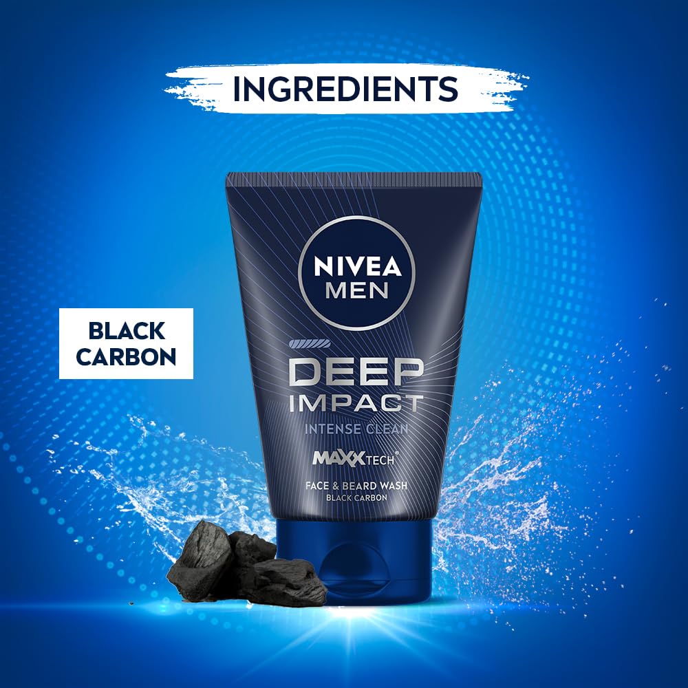 Nivea Men Deep Impact Face Wash 100g For Beard & Face | Oil Control & Pore Cleansing With Charcoal | Removes Impurities Gently