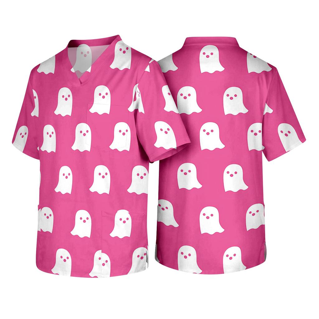Men's Short Sleeve V Neck Halloween Print Medical Scrub Top with Chest Pocket Comfortable Fit Workwear for Healthcare Professionals