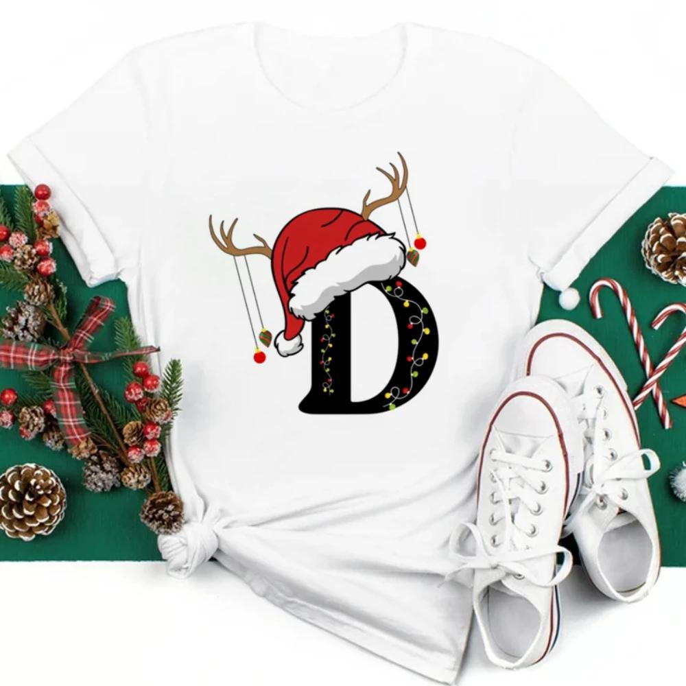 Christmas Hat A To Z Letters Tshirt Christmas Family Activity Sleeved Streetwear Harajuku Short Sleeve Casual Aesthetic Clothes