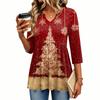 Women's Christmas Print V-Neck Three-Quarter Sleeve Casual Shirt for Holiday