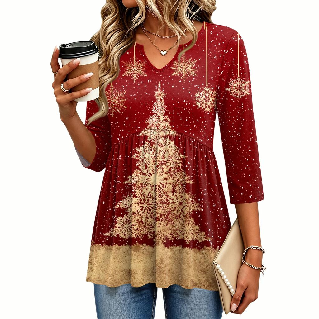Women's Christmas Print V-Neck Three-Quarter Sleeve Casual Shirt for Holiday