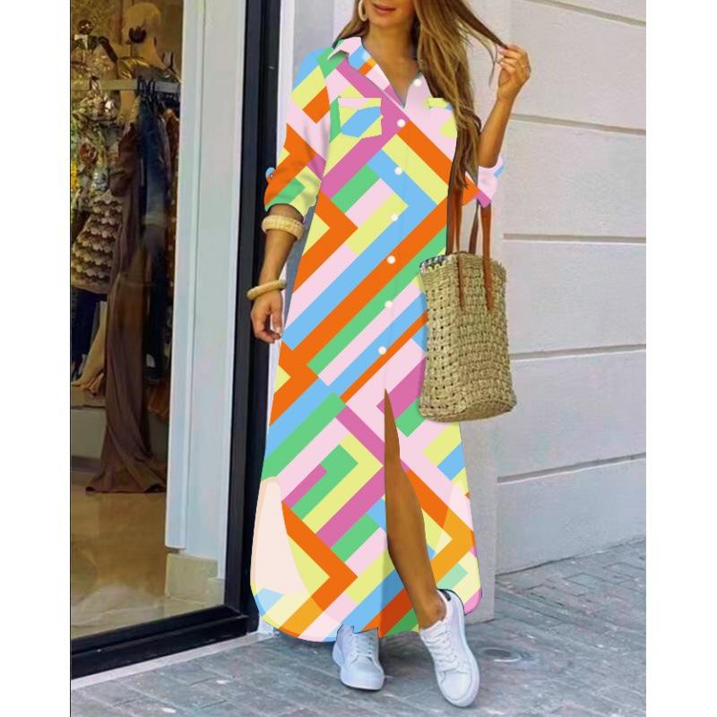 Dames Casual Dagelijkse Lange Mouw Omgeslagen Kraag Jurk Knopen Kettingen Print Mode Streetwear Jurk Losse Lange Jurk