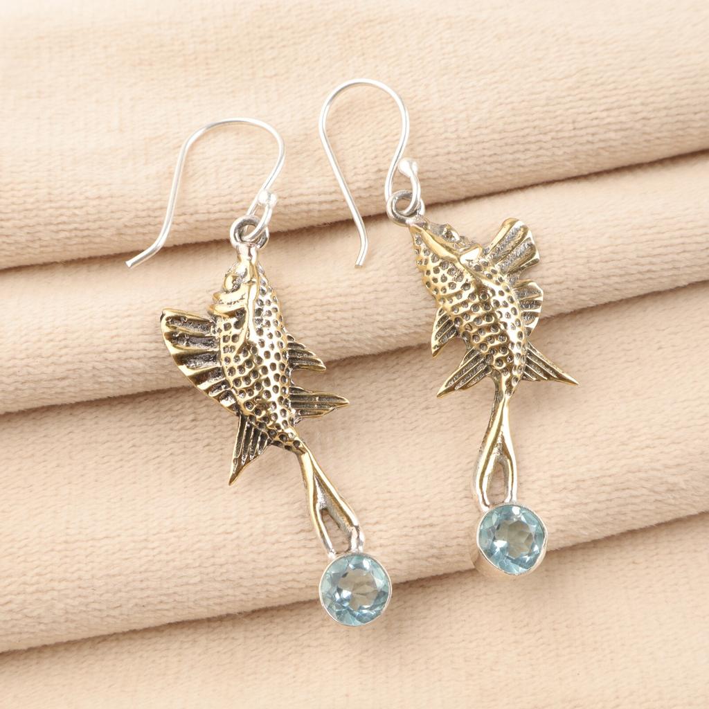 Natural Sky Blue Topaz Gemstone 925 Sterling Silver Handmade Hook Earrings 2.17" EE-148-2