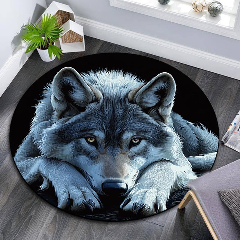 Gray Wolf Round Area Rug,Carpet Rug for Living Room Bedroom Sofa Playroom Decor,Non-slip Floor Mat