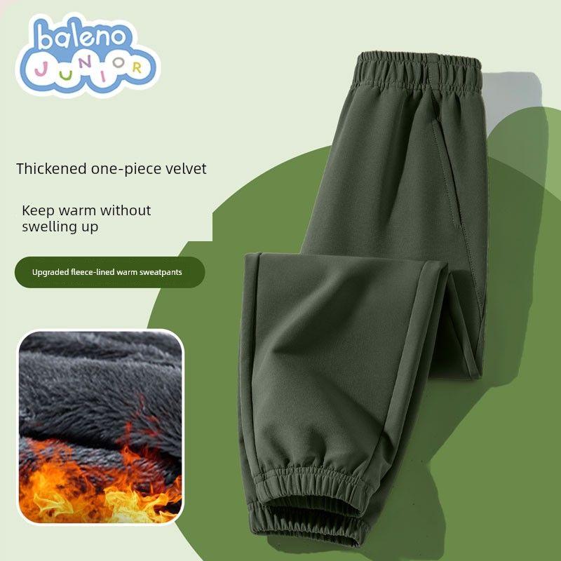 Baleno Kids Boys  Fleece-Lined Pants Autumn/Winter 2026 New Children s Fleece-Lined Long Pants Big Kids Winter Wear Army Green#Solid Color 130