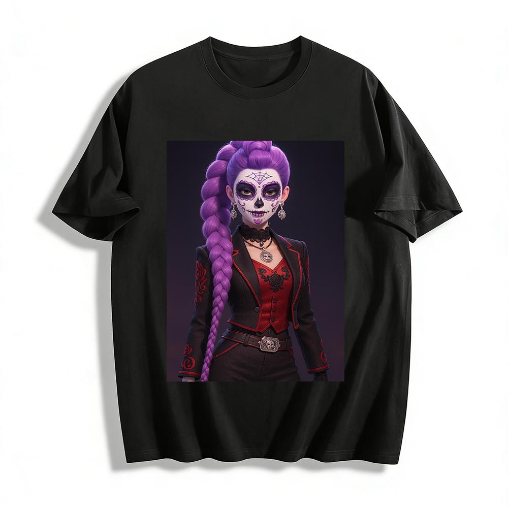 

Day of the Dead Katrina Skull Print Top Gothic Purple-Haired Lady Design Casual Party Tee Pure cotton T-shirt 6XL