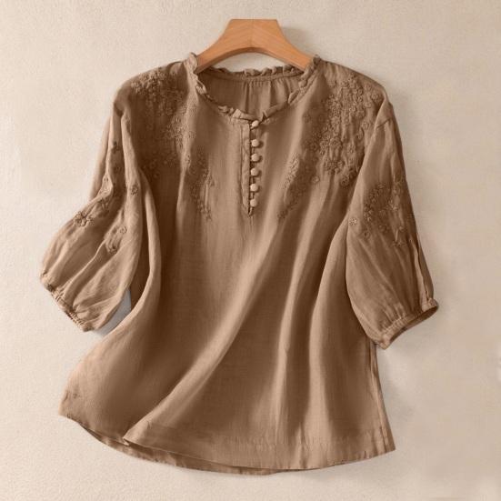 Camicia da Donna Ricamata Floreale Manica a 3/4 a Palloncino Vestibilità Larga Pullover Top Orlo Curvo Casual Estiva Blusa Traspirante Quotidiano